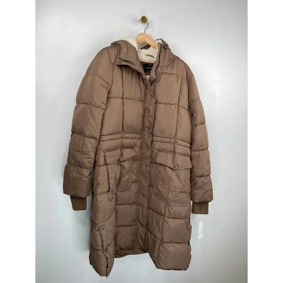 Lucky Brand Faux-Fur-Lined Hooded Puffer Coat Taupe Brown Size: Large NWT - Picture 3 of 7